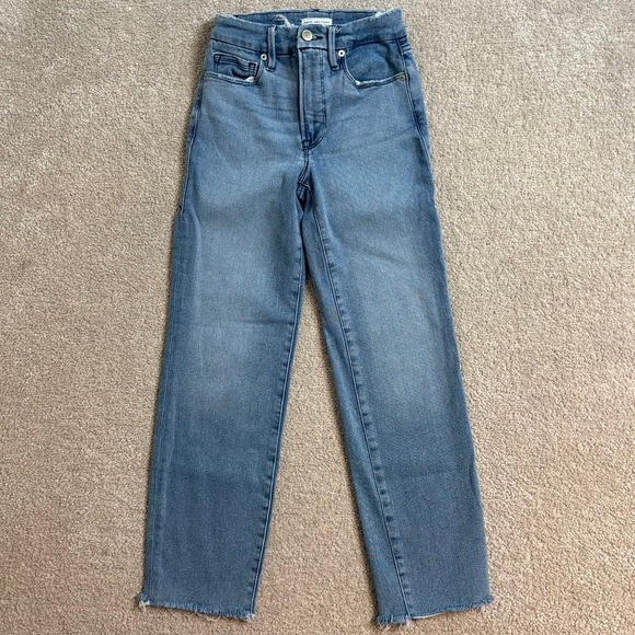 Good American Straight Leg Jeans High‎ Rise Distressed Hem Denim Size 0/25 - Picture 1 of 10